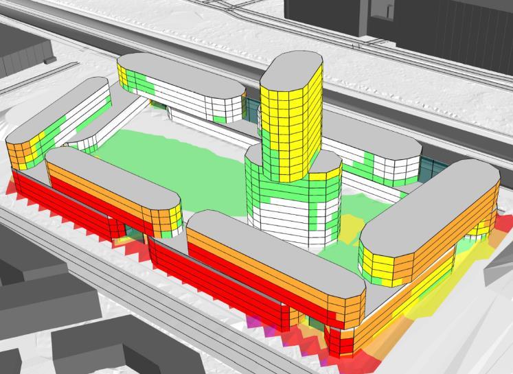 6.2 Högst 60 dba ekvivalent ljudnivå vid fasad En del av de planerade byggnaderna innehåller högst 60 dba ekvivalent ljudnivå vid samtliga fasader, se figur 19 nedan.