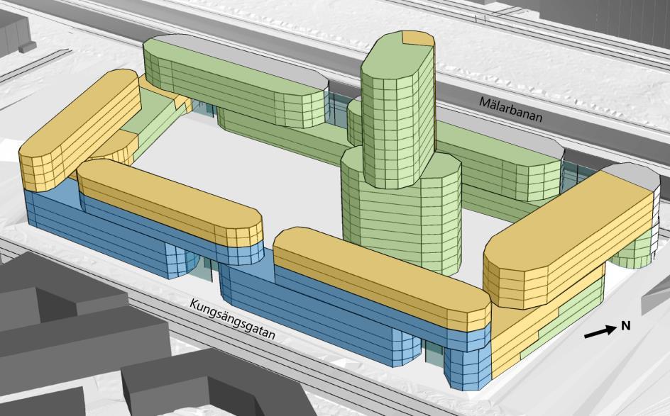 Figur 21. Schematisk indelning av bostäder baserat på hur riktvärden innehålls vy från väst.