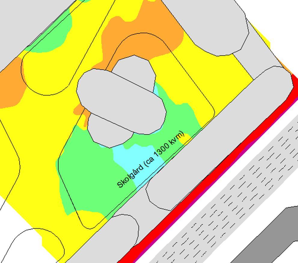 Lokala bullerskyddsskärmar behövs för att innehålla riktvärdena högst 50 dba ekvivalent och 70 dba maximal ljudnivå på hela skolgården.