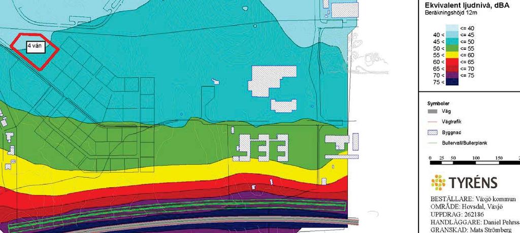 6.3 BERÄKNADE EKVIVALENTA LJUDNIVÅER PÅ 12 M HÖJD Grundregeln enligt Förordningen SFS 2015:216 (trafikbullerförordningen) är att 55 dba ekvivalent ljudnivå från vägtrafik inte bör överskridas vid