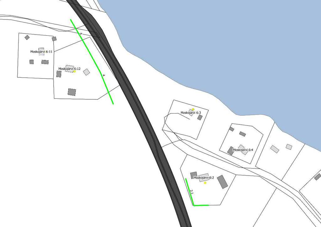 7.1.2 Område 2 och 3 Moskojärvi 6:2, 6:11 och 6:12 Figur 7.2: Utredd bullerskydd längs med E10:an. Gröna linjer är utredda bullerskyddsskärmar.