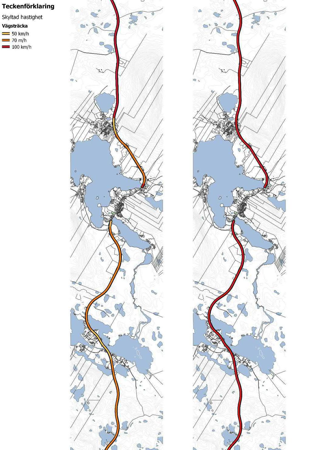 4.4 Skyltad hastighet Figur 4.1 visar vägsträckornas skyltade hastighetsbegränsningar för respektive alternativ. Figur 4.1: Skyltad hastighetsbegränsning.