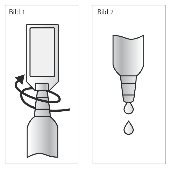 Selesyn 100 mikrogram, oral lösning Bild 1: Ta loss en ampull och öppna den genom att vrida av spetsen. Bild 2: Spruta sedan ut hela innehållet i ampullen i munnen genom att trycka på ampullen.