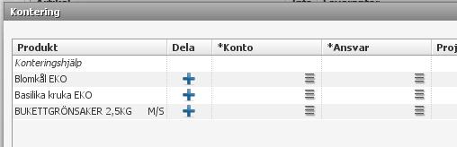 (Approval line 1 betyder produktrad nr 1 i beställningen o s v). 5.1.5 Delad kontering För att dela en kontering på en artikel klicka på + knappen i kolumnen Dela för aktuell rad, se nedan.