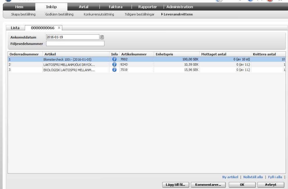 Om inte alla varor är levererade ange rätt antal i kolumnen Kvittera antal, beställningen får då status Delvis kvitterad. Se nedan. OBS!