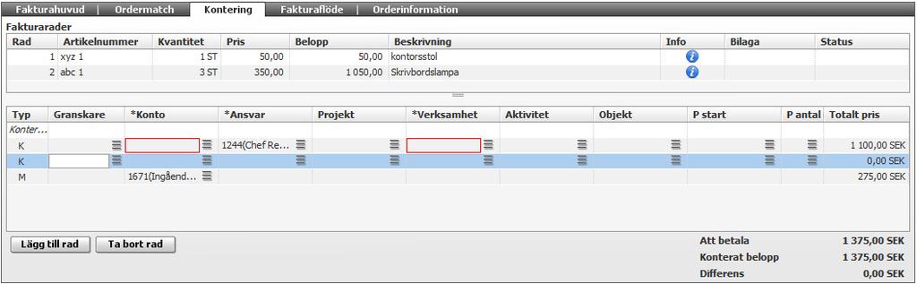 Om fördelningen av kostnaden skapar differens visas ett felmeddelande.