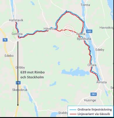 42(98) Förenkling och möjlighet till ökat resande samt att det på linjesträckningen via Gässvik idag är ytterst lite resande. Förslag linjedragning 643.