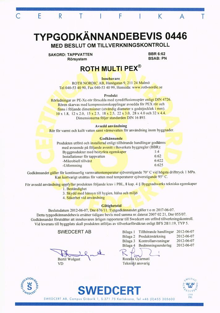 TEKNISKA DATA Roth MultiPex rör Tekniska data Användningsområde Dimensioner Roth MultiPex rör: Max. Drift temperatur Max.