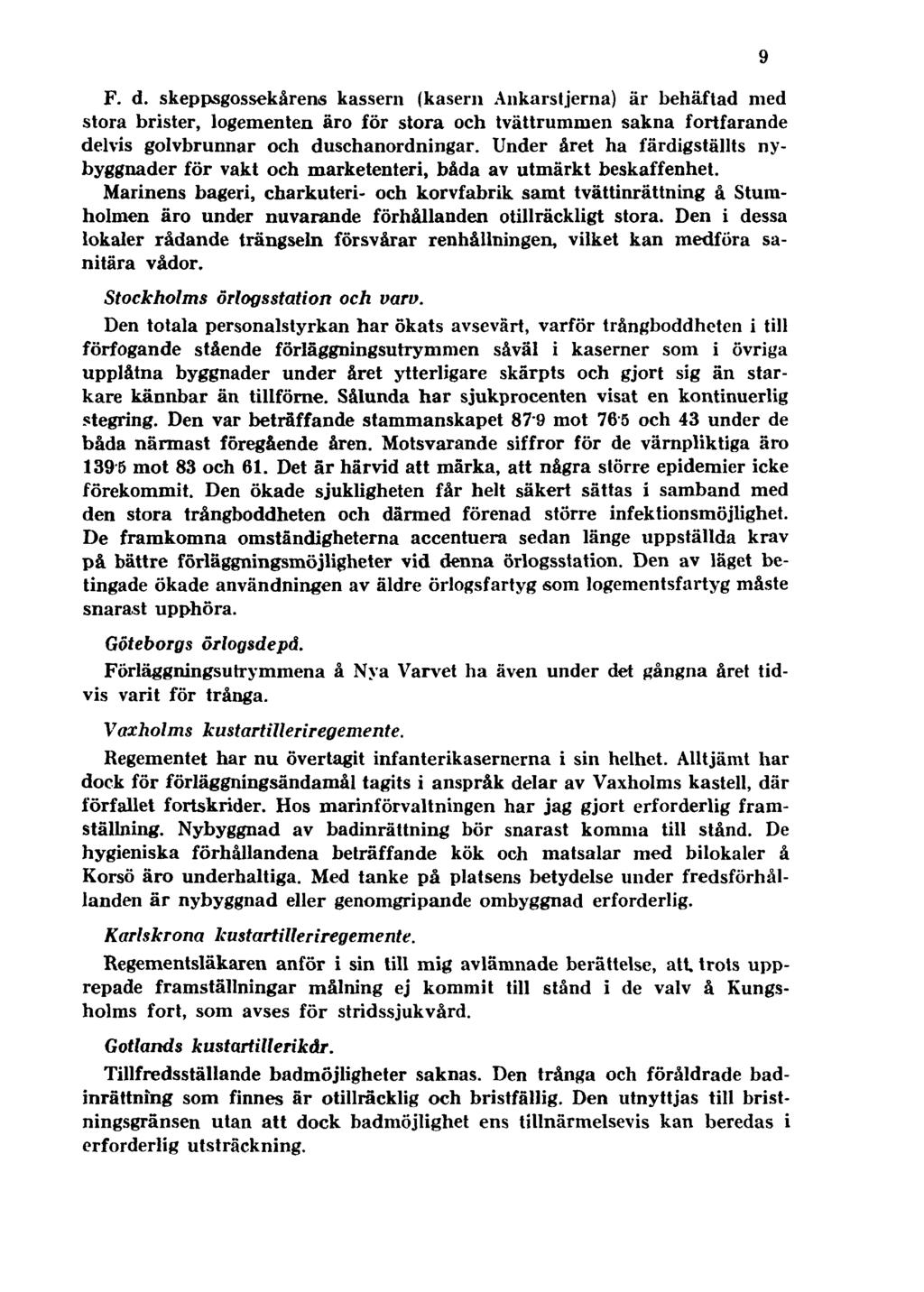 F. d. skeppsgossekårens kassern (kasern Ankarstjerna) är behäftad med stora brister, logementen äro för stora och tvättrummen sakna fortfarande delvis golvbrunnar och duschanordningar.