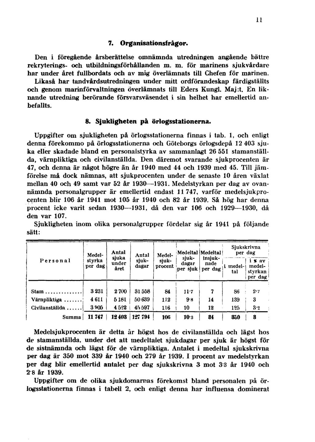 11 7. Organisationsfrågor. Den i föregående årsberättelse omnämnda utredningen angående bättre rekryterings- och utbildningsförhållanden m.