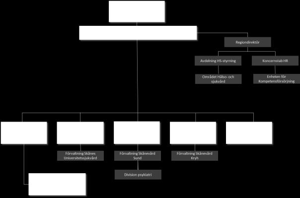 Bild 1 Organisationsschemat visualiserar den politiska styrningen av division psykiatri. Se bilaga 2 för utförliga organisationsscheman för Region Skånes politiska respektive tjänstemannaorganisation.