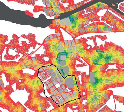 Slakthusområdet beräknas dessutom ha en stor andel arbetande befolkning, vilket ytterligare bidrar till bristen på rymlighet något, även om arbetande antas använda grönytor i mindre utsträckning än