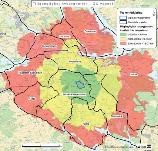 Förutsättningar och konsekvenser 4 Konsekvenser En tillgänglighetsanalys som gjorts av konsultbolaget Sweco visar att Slakthusområdet genom sitt läge i staden har mycket bra förutsättningar att bli