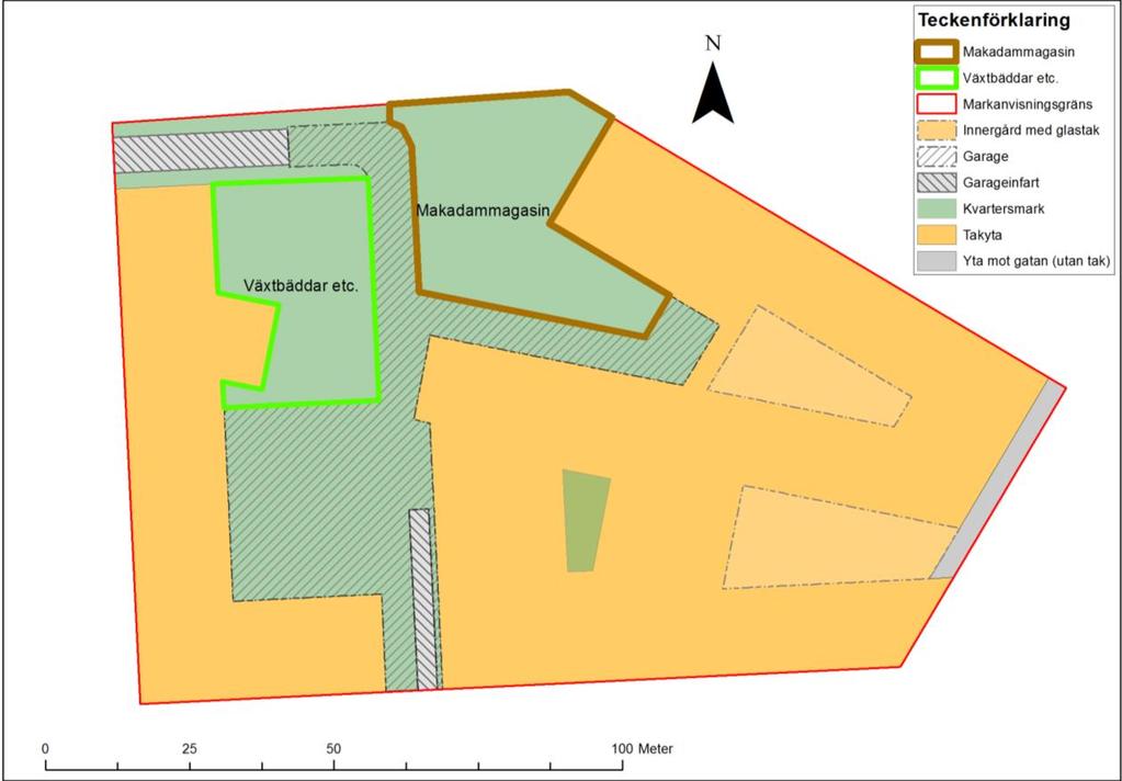 av ca 770 m 2, vilket motsvarar 32 % av hela den garagefria gårdsytan. Motsvarande yta är ca 530 m 2 om gröna tak används. Figur 5-4.