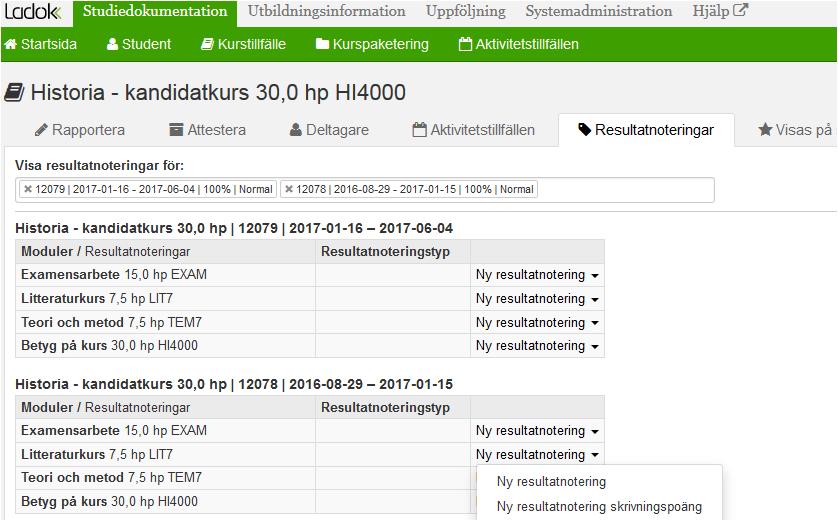 Förbereda Resultatnotering på modul Lägg till