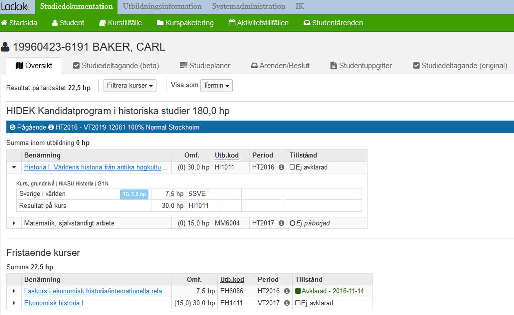 På studentens översiktssida syns nu