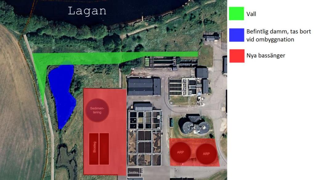 2 Planerad byggnation På aktuell plats planeras att anläggas nya bassänger för sedimentering och biosteg strax väster om Ängstorps reningsverk, där grundläggningsdjup på dessa kan gå upp till 5 m,