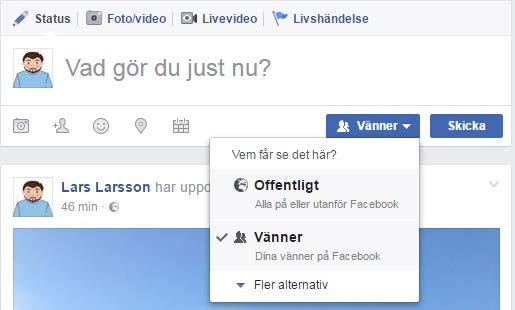 Dela bilder, text, film och länkar I rutan högst upp på din tidslinje kan du dela bilder, video, text, länkar och livshändelser Du kan välja vilka som ska se