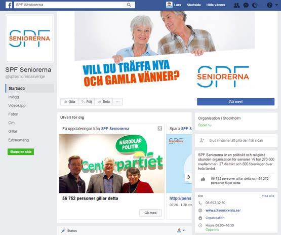 SPF Seniorernas Facebook-sida Om du söker på SPF Seniorerna i Facebooks sökruta kommer du hitta förbundets Facebooksida. Detta är av våra viktigaste kommunikationskanaler för våra medlemmar.