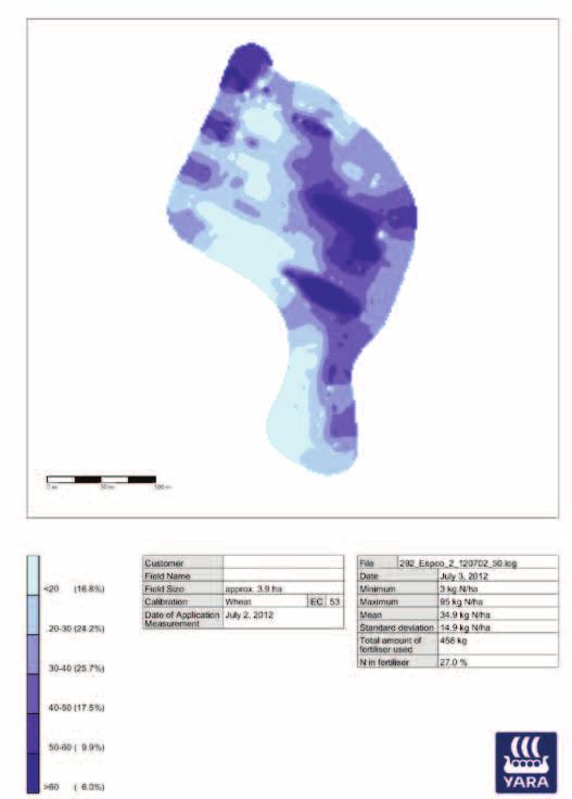 Bild: Yara N-sensor styrenheten fungerar med Windows operativsystem N-Sensor Nitrogen As-Applied Map (Target Rate) kg N/ha Kartan visar gödselgivornas fördelning över fältet.