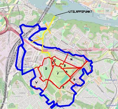 Inkom till Stockholms stadsbyggnadskontor -, Dnr 2014-15979 2(11) Figur 1: Blå linjer visar avrinningsområde till Årstatunneln. Röda linjer visar avrinningsområde som leds via damm.