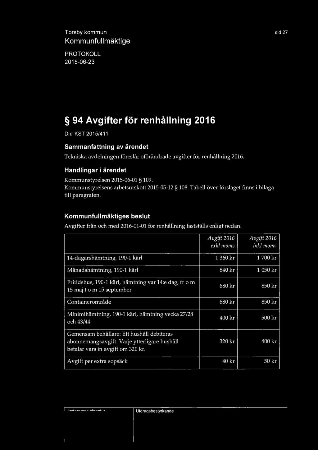 sid 27 94 Avgifter för renhållning 2016 Dnr KST 2015/411 Tekniska avdelningen föreslår oförändrade avgifter för renhållning 2016.