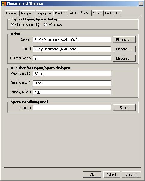 5. Öppna Flik: Öppna/Spara Här väljer du hur/vart du vill spara/öppna dina ritningar Kinnarpsspecifik finns för att logiskt underlätta sparande/öppnande av dina ritningar, man har alla samlade på ett