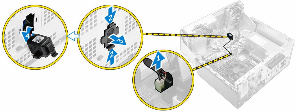 Installera högtalaren 1. Sätt in högtalaren i facket och tryck försiktigt på den tills den klickar på plats. 2. Öppna luckan i frontramen. 3. Anslut högtalarkabeln till kontakten på moderkortet. 4.