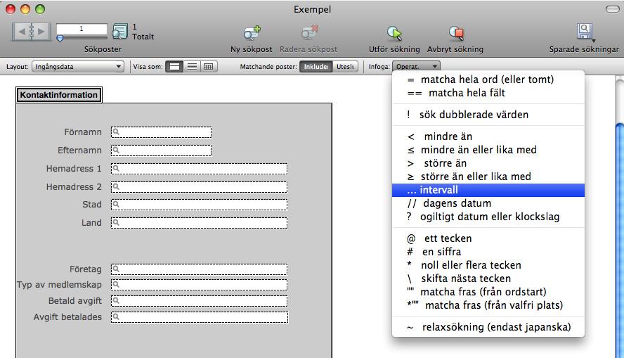 20 FileMaker Pro Introduktion 3. I layoutlisten klickar du på Operatorer och väljer intervall från listan.