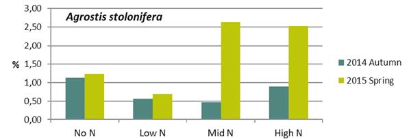 Figur 5. Snömögel (% av försöksrutan) på Landvik vid fyra olika kvävenivåer (0, 2.8, 5.5, 8.4 g/m2) från mitten av September till slutet av November. Notera de olika skalorna på y-axeln.