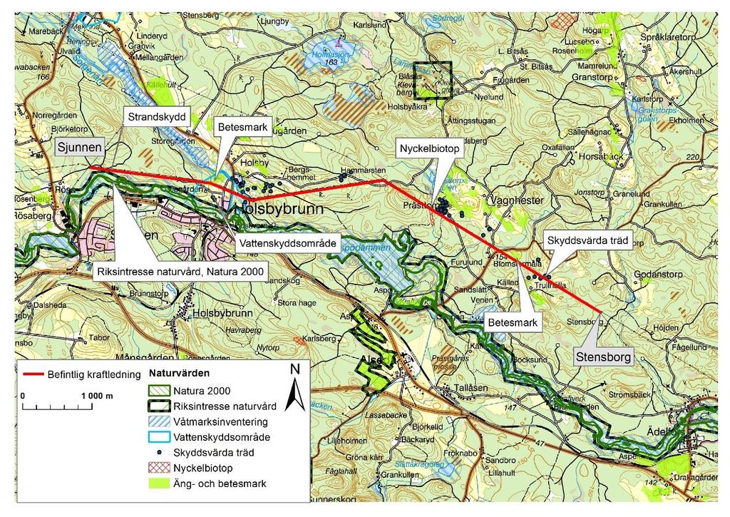 Figur 4. Natur- och vatteninterssen nära befintlig kraftledning. 4.4 Kulturmiljö Öster om Holsbybrunn passerar ledningen ca 40 meter norr om en fossil åker (Alseda 172:1) med den antikvariska bedömningen Bevakningsobjekt, se karta i figur 5.