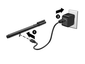 1. Lokalisera gummiskyddet (stämpel med USB-logotypen) på det tunnformade uttaget av pennan, lyft försiktigt gummiskyddet och fäst sedan mikro-usb-kabeln (1) som levererades med din surfplatta till