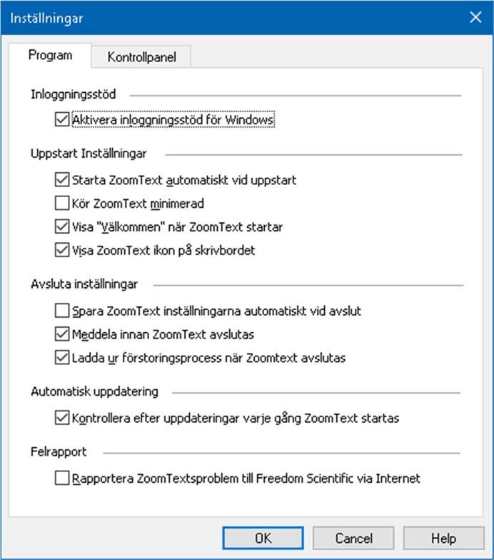 200 Programfliken Inställning Inloggningstöd Aktivera ZoomText i Windowsinloggningsruta Uppstartsalternativ Beskrivning Aktiverar ZoomText inloggningsstöd i Windows-inloggning och andra Windows