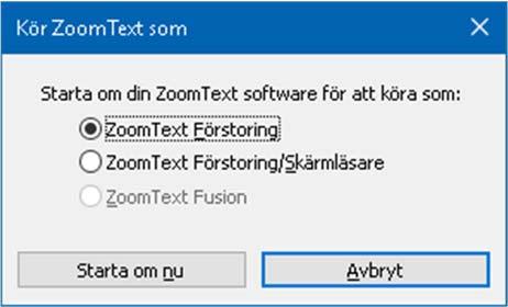 205 För att ändra vilken produkt ZoomText ska köras som 1. I ZoomText meny, välj Inställning > Kör ZoomText som. Kör ZoomText som dialogruta visas. 2.