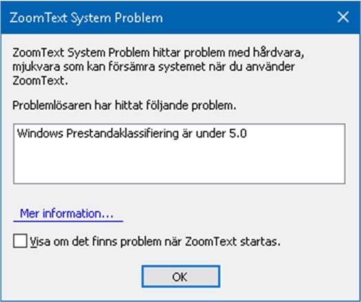 210 ZoomText Problem dialogruta visas. ZoomText Problem dialogruta. ZoomText Online Support ZoomText Online support ger dig en rad möjligheter att lösa problem och teknisk artiklar om ZoomText.