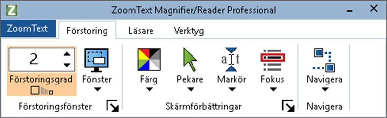 57 Förstoringsfunktioner "Förstoringsfunktioner" visar alla de visuella förbättringar som finns i ZoomText Magnifier och ZoomText Magnifier/ Reader.