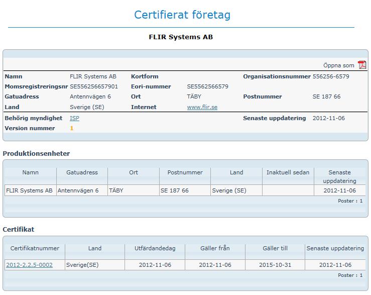 3. Klicka på länken med företagets namn för att se närmare uppgifter om företaget. Resultat: Informationen om det valda företaget visas, bland annat allmänna uppgifter om företaget (dvs.