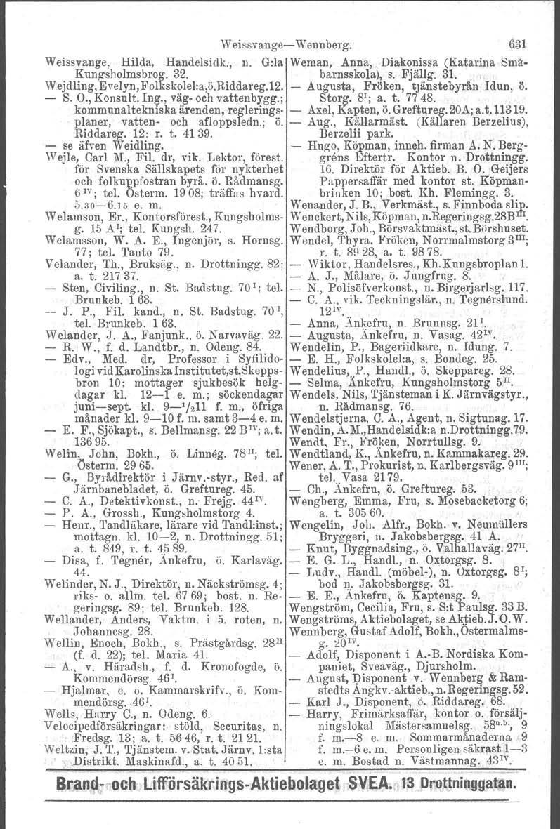 Weissvange Wennberg. 831 Weissvange, Hilda, Handelsidk., n. G:la Weman, Anna.. Diakonissa (Katarina Små Kungsholmsbrog. 32. barnsskola), s. Fjällg. 31... ' Wejdling, Evelyn,Folkskolel:a,ö.Riddareg.12.