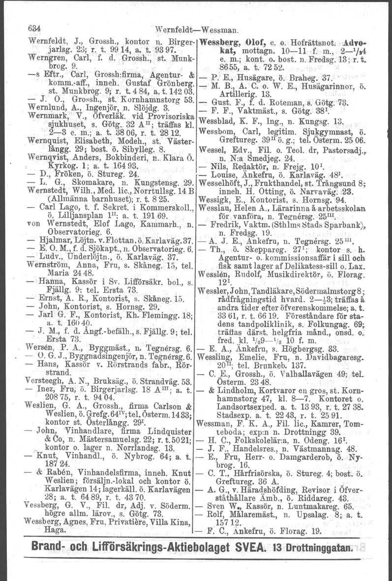 634 WernfeldtWessman. Wernfeldt, J., Grossh., kontor n. Birger We88b~rg, Olof, e. o. Hofrättsnot. ' AdYoja.rlsg. 23;r. t. 99 14, a.t. 93 97. kat, mottagn. 1011 f. m., 2 1 /,4 Werngren, Carl, f. d.