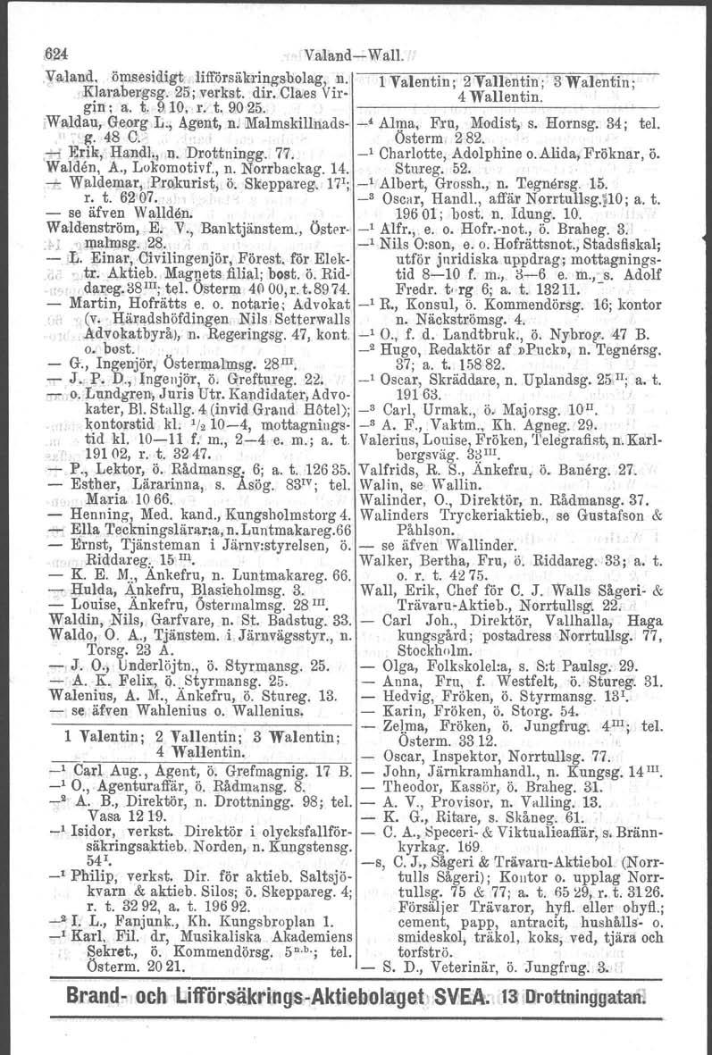 ,624 VaIandWaIl.. V!l<land. ömsesidigt lifforsäkringshoiag n. l' Valentin; 2 Vallentin; 3 Walentin; Klarabergag. 25; verkat, dir. Claes Vir 4 Wallentin. gm; a. t. 9 10. r/ t. 90 25. I=~=.::::...:.:.=...~ Wp,ldau, Ge.