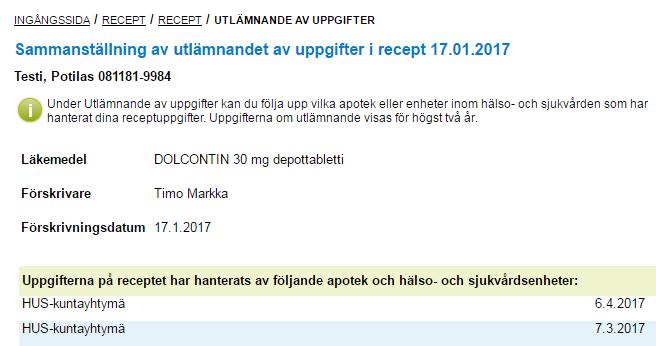 Att läsa uppgifter som utlämnats om recept Genom att klicka på länken Utlämnande av uppgifter nere på