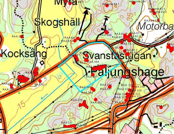 Figur 2. Fornlämningar enligt FMIS i och kring utredningsområdet. Utdrag ur Gröna kartan, 09H SV, Skala: 1:15 000. Ur Terrängkarta Lantmäteriverket Gävle 2007. Medgivande MS2007/04080.