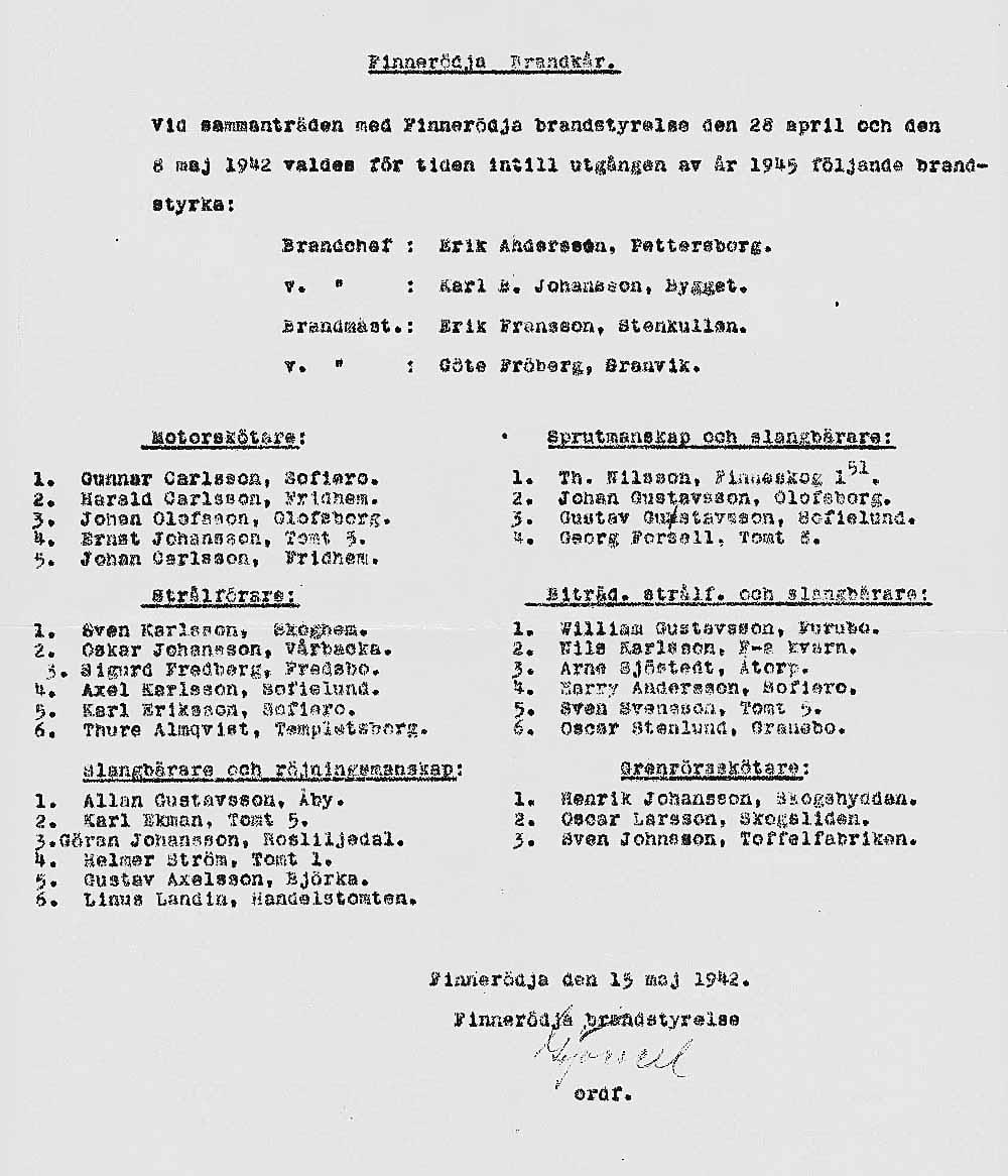 Finnerödjas första ordinarie brandmän Brandstyrelsen hade täta möten i början och på sammanträdet den 8 maj utsåg man de 30 personer som skulle ingå i den första ordinarie brandstyrkan.