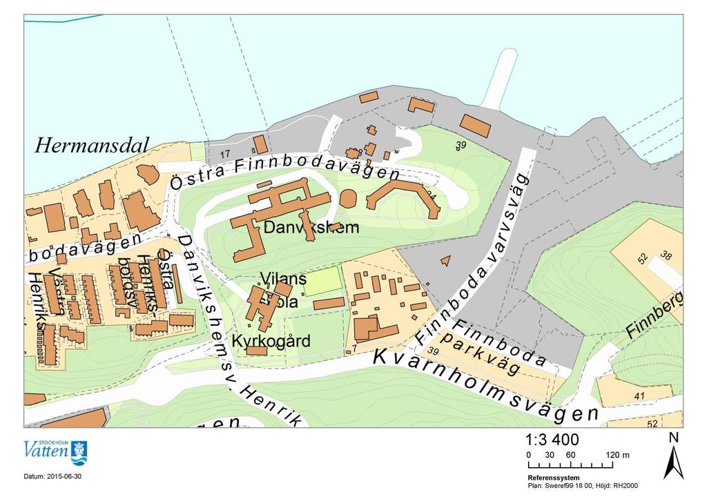 Fastigheter som beräknas få ekvivalenta ljudnivåer över 60dBA i samband med arbeten för nya utloppsledningar.