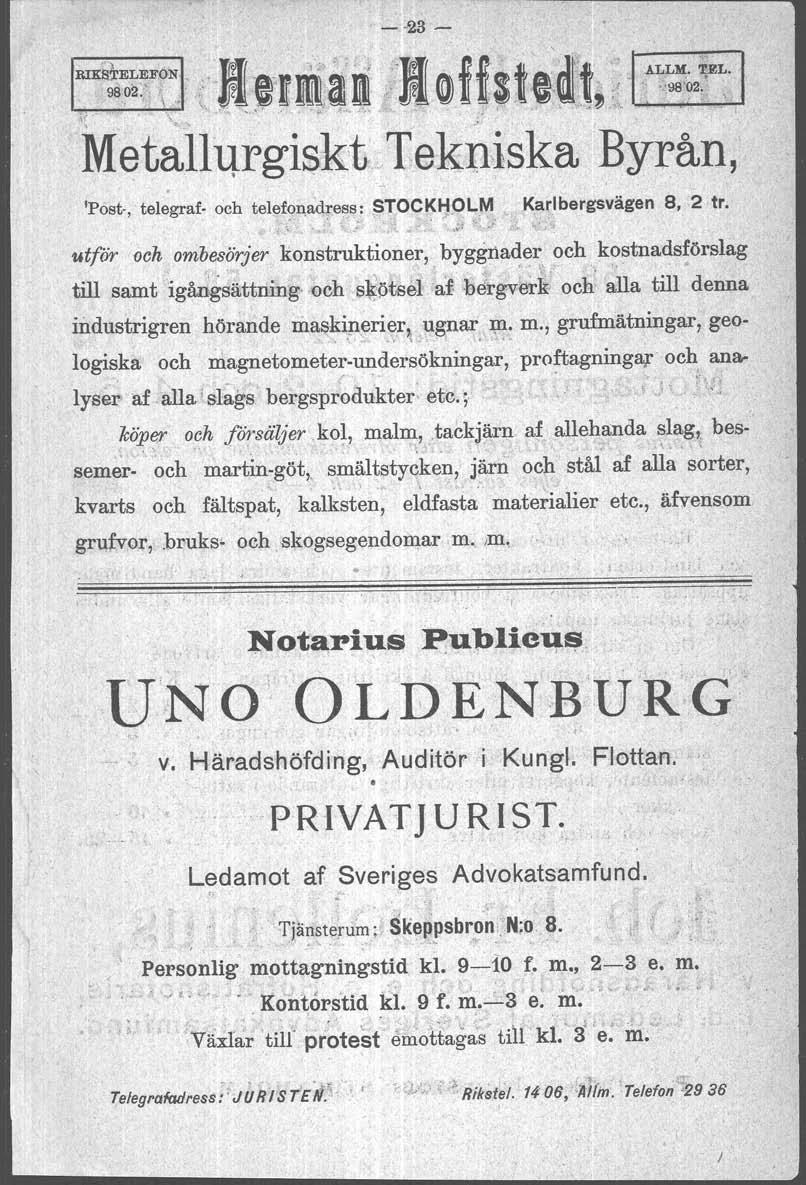 1x1 ALLM. TEL. Metallurgiskt Tekniska Byrån, 'Post-, telegraf- och telefonadress: STOCKHOLM Karlbergsvagen 8, 2 tr.