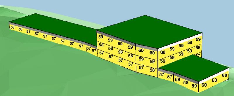 Figur 3 visar dimensionerande ljudnivåer vid fasad. Dygnsekvivalent ljudnivå som används vid fasaddimensionering för att riktvärdet om 30 dba ska innehållas inomhus.