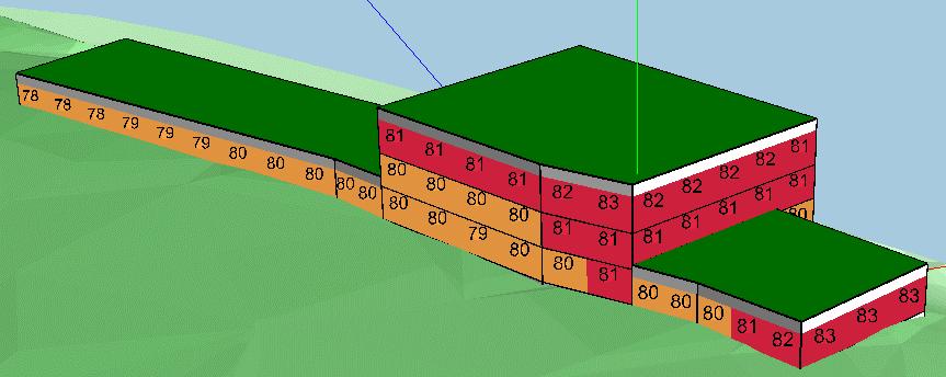 Maximal ljudnivå, persontåg nattetid. Används vid fasaddimensionering för att kravet om 45 dba ska innehållas inomhus. Figur 3. Ljudnivåer vid fasad för fasaddimensionering.