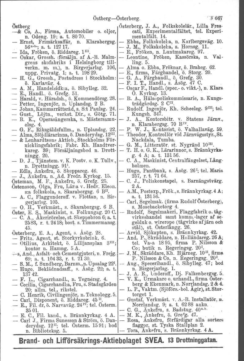 o 56 Östberg-Österberg. ']1667 o Östberg Österberg, J. A., Folkskolelär., Lilla Fres- -& Co, A., Firma, Automobiler o. oljor, cati, Experimentalfältet, tei. Experin. Odeng. 19;a. t. 8070. mentalfält.