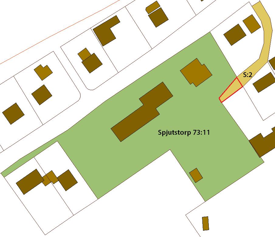 Rödmarkerad del av S:2 visar det ungefärliga området som ska marköverföras till Spjutstorp 73:11 genom fastighetsreglering.