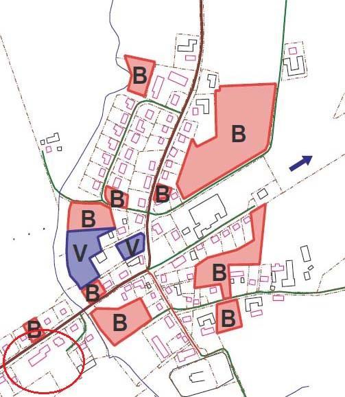 Utbyggnadsområden enligt Översiktsplan 2002. Utbyggnadsområde för bostäder (B) och för verksamheter (V). Den röda ellipsen markerar planområdets ungefärliga placering.